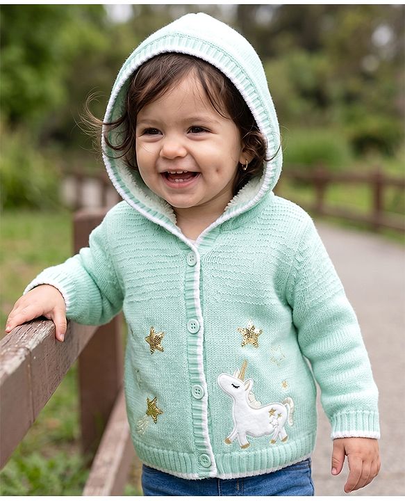 Babyhug Knit Full Sleeves Front Open Hooded Sweater with Unicorn Patch in Turquoise