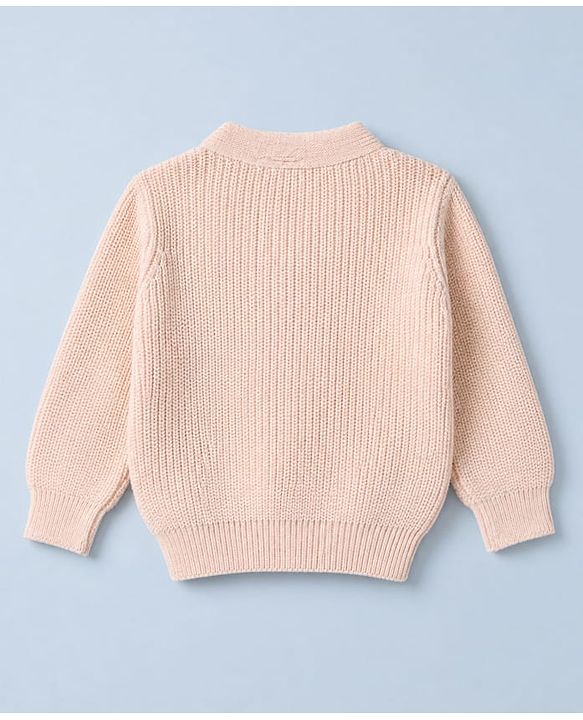 Babyhug Knit Front Open Sweater with Full Sleeves and Fox Applique in Peach