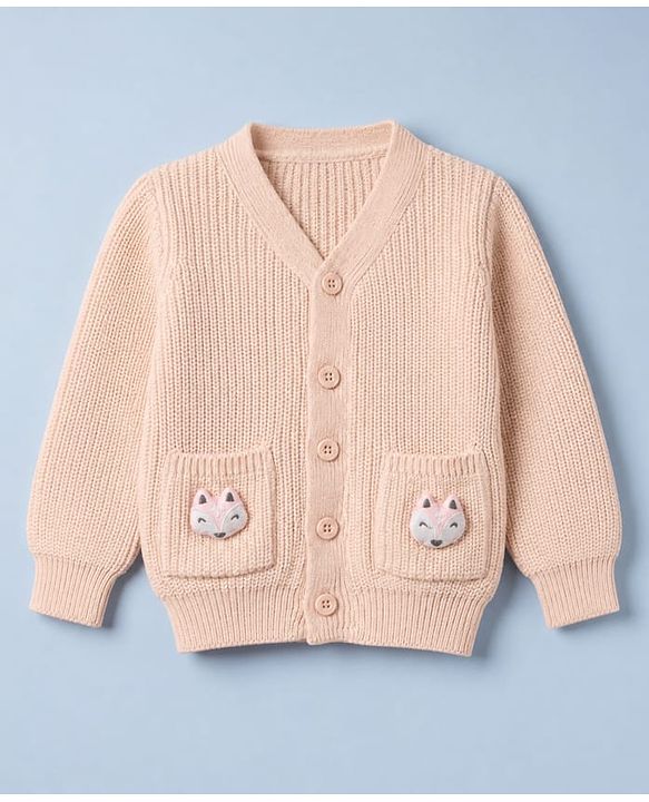 Babyhug Knit Front Open Sweater with Full Sleeves and Fox Applique in Peach