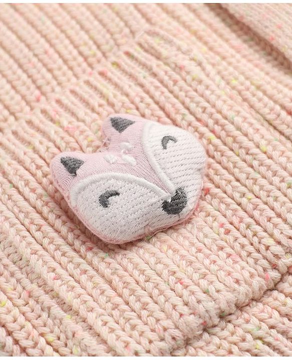 Babyhug Knit Front Open Sweater with Full Sleeves and Fox Applique in Peach
