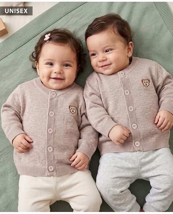Babyhug Cotton Knit Front Open Sweater with Full Sleeves and Bear Embroidery in Beige