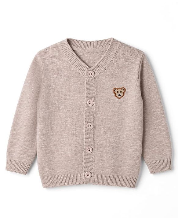 Babyhug Cotton Knit Front Open Sweater with Full Sleeves and Bear Embroidery in Beige