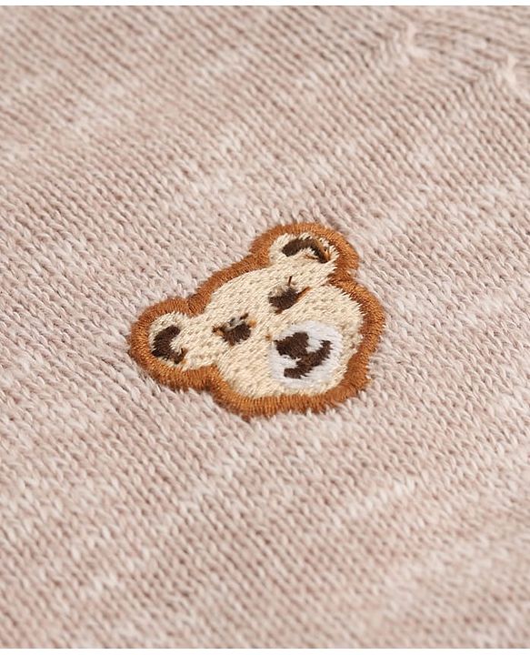 Babyhug Cotton Knit Front Open Sweater with Full Sleeves and Bear Embroidery in Beige