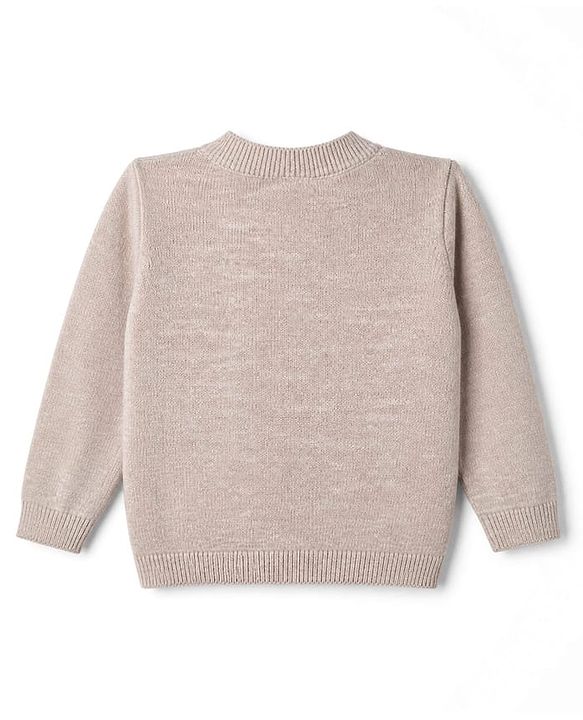 Babyhug Cotton Knit Front Open Sweater with Full Sleeves and Bear Embroidery in Beige
