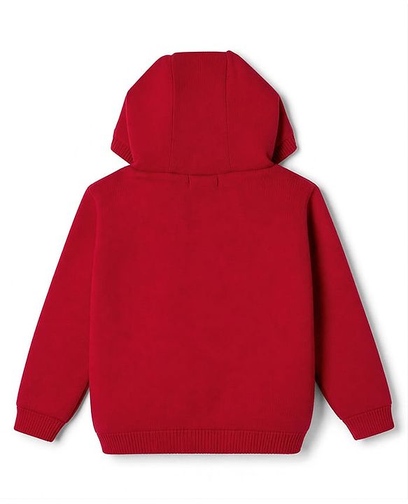 Babyhug Fur- Lined Knit Full Sleeves Hooded Sweater with Rain Deer Embroidery - Red