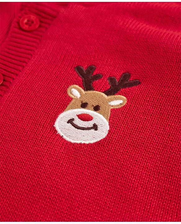 Babyhug Fur- Lined Knit Full Sleeves Hooded Sweater with Rain Deer Embroidery - Red