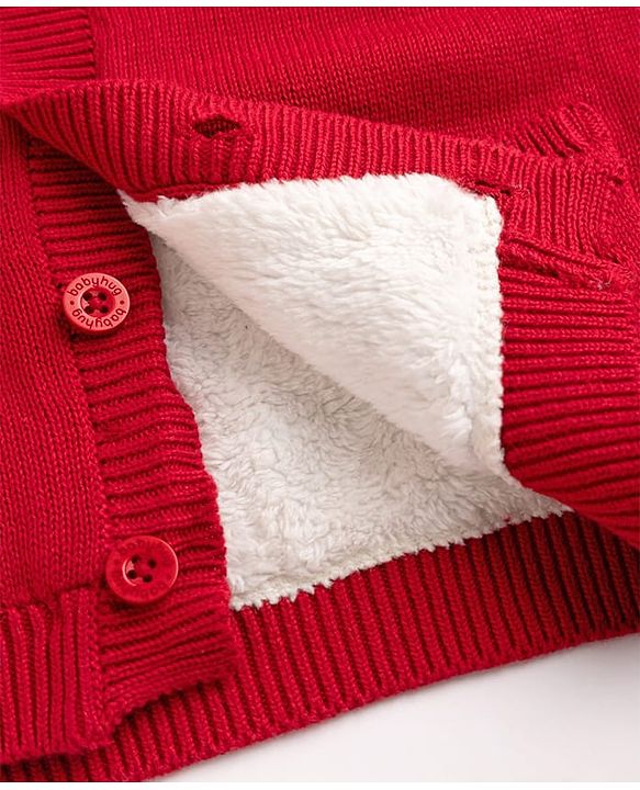 Babyhug Fur- Lined Knit Full Sleeves Hooded Sweater with Rain Deer Embroidery - Red