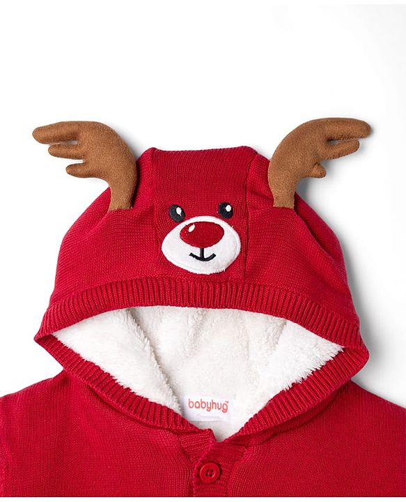 Babyhug Fur- Lined Knit Full Sleeves Hooded Sweater with Rain Deer Embroidery - Red