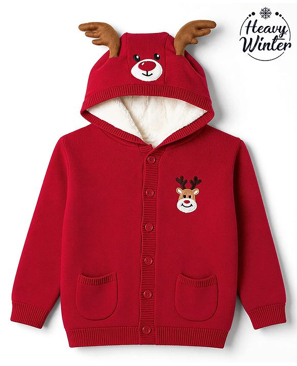 Babyhug Fur- Lined Knit Full Sleeves Hooded Sweater with Rain Deer Embroidery - Red