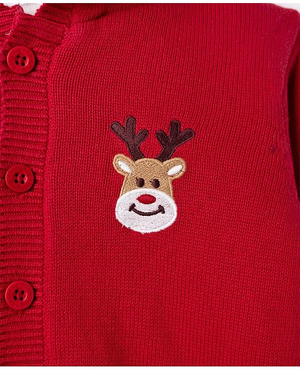 Babyhug Fur- Lined Knit Full Sleeves Hooded Sweater with Rain Deer Embroidery - Red