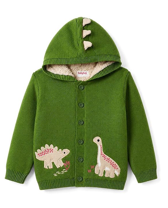Babyhug Fur- Lined Knit Full Sleeves Dino Embroidered Hooded Sweater - Green