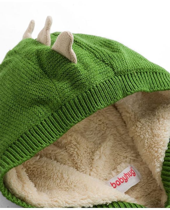 Babyhug Fur- Lined Knit Full Sleeves Dino Embroidered Hooded Sweater - Green