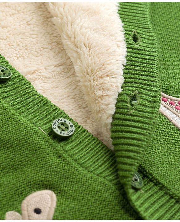 Babyhug Fur- Lined Knit Full Sleeves Dino Embroidered Hooded Sweater - Green