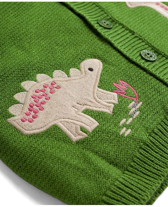 Babyhug Fur- Lined Knit Full Sleeves Dino Embroidered Hooded Sweater - Green