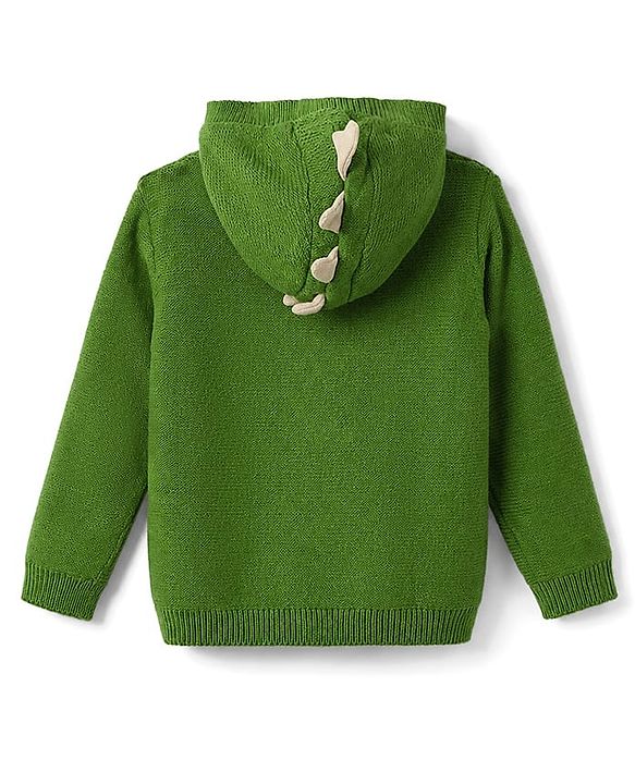 Babyhug Fur- Lined Knit Full Sleeves Dino Embroidered Hooded Sweater - Green