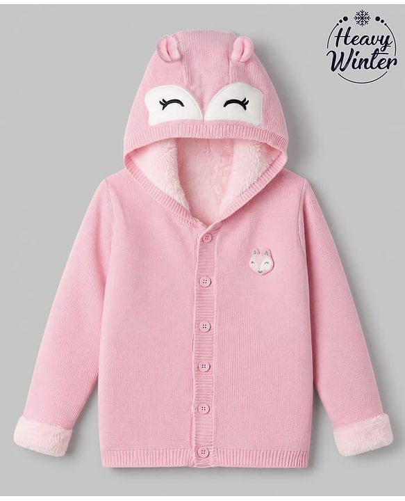 Babyhug Fur- Lined Knit Full Sleeves Hooded Sweater With Fox Applique - Pink