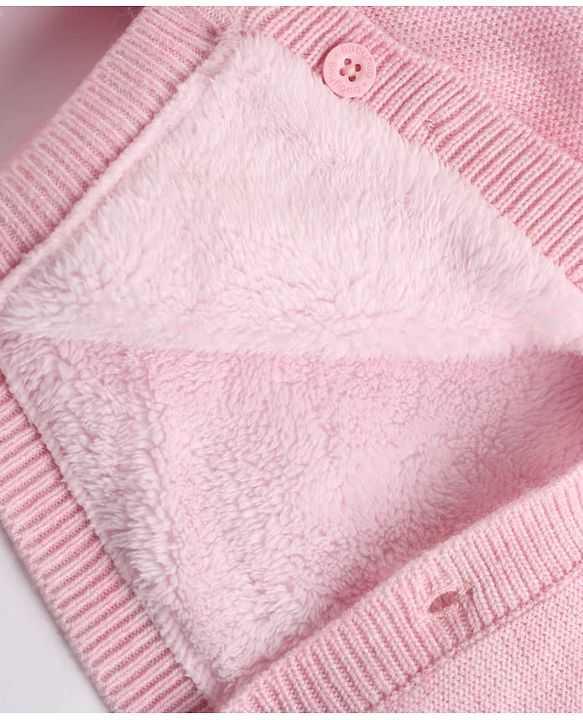 Babyhug Fur- Lined Knit Full Sleeves Hooded Sweater With Fox Applique - Pink