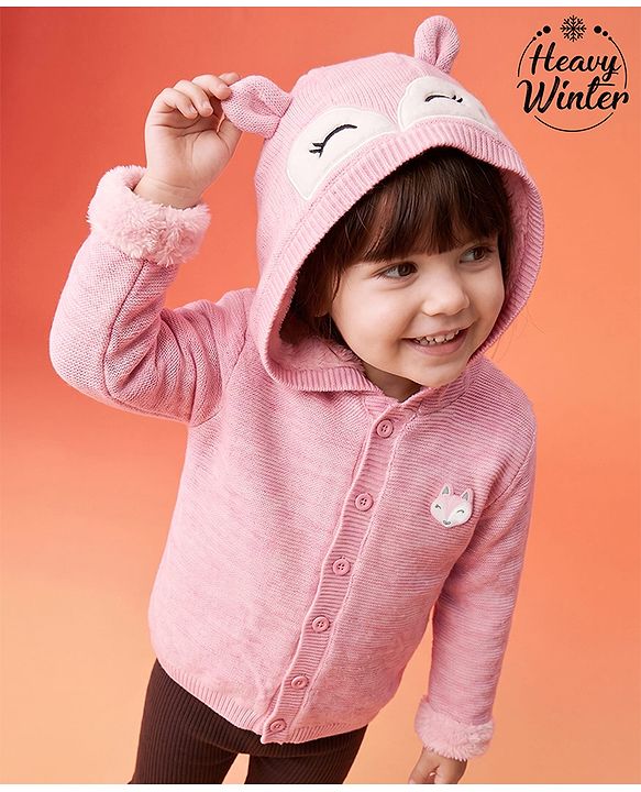 Babyhug Fur- Lined Knit Full Sleeves Hooded Sweater With Fox Applique - Pink