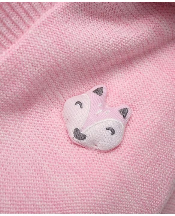 Babyhug Fur- Lined Knit Full Sleeves Hooded Sweater With Fox Applique - Pink