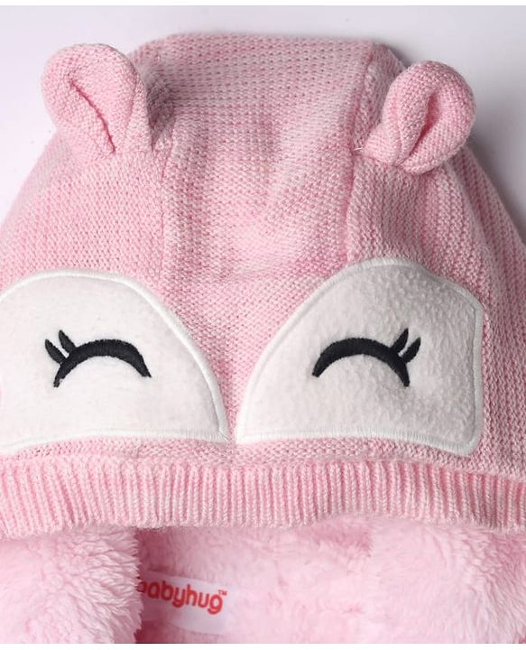 Babyhug Fur- Lined Knit Full Sleeves Hooded Sweater With Fox Applique - Pink
