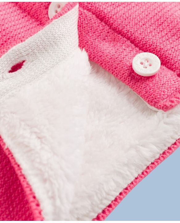 Babyhug Fur- Lined Knit Full Sleeves Front Open Hooded Colour Block Sweater with Animals Face Applique - Pink