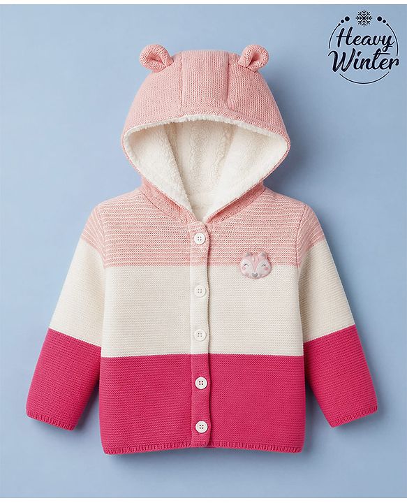 Babyhug Fur- Lined Knit Full Sleeves Front Open Hooded Colour Block Sweater with Animals Face Applique - Pink