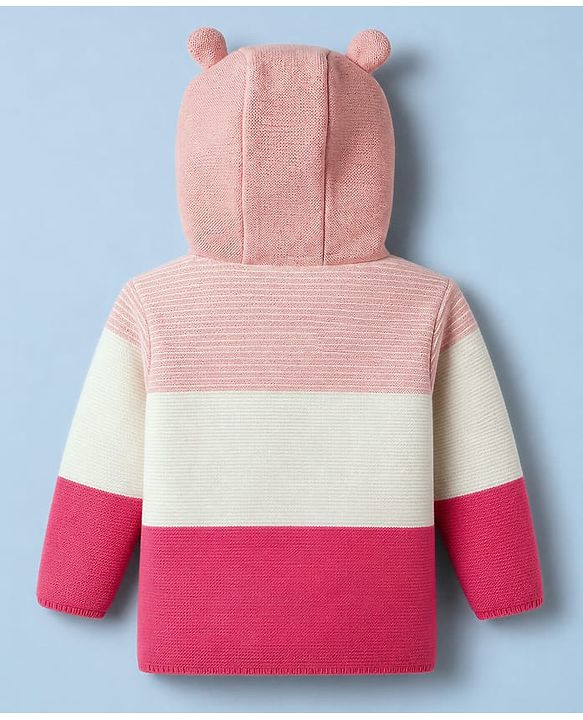 Babyhug Fur- Lined Knit Full Sleeves Front Open Hooded Colour Block Sweater with Animals Face Applique - Pink