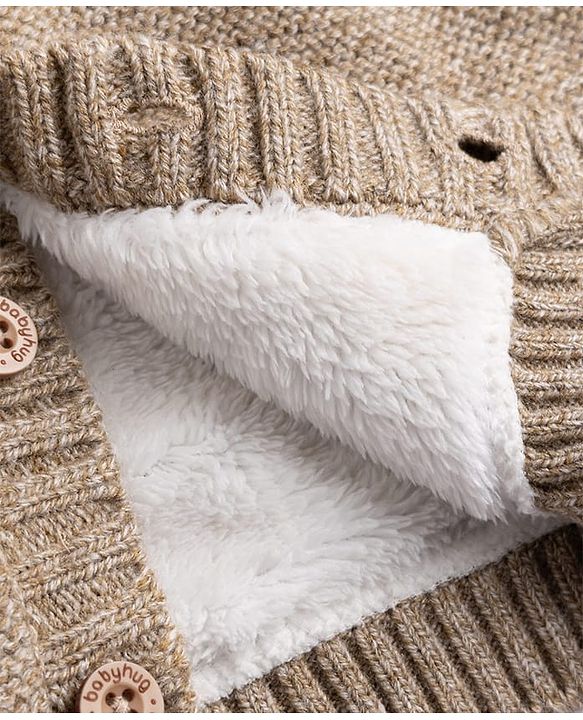 Babyhug Fur- Lined Knit Full Sleeves Front Open Hooded Solid Colour Sweater with Reindeer Face Applique - Tan