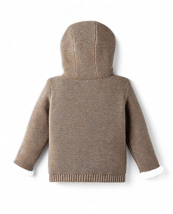 Babyhug Fur- Lined Knit Full Sleeves Front Open Hooded Solid Colour Sweater with Reindeer Face Applique - Tan