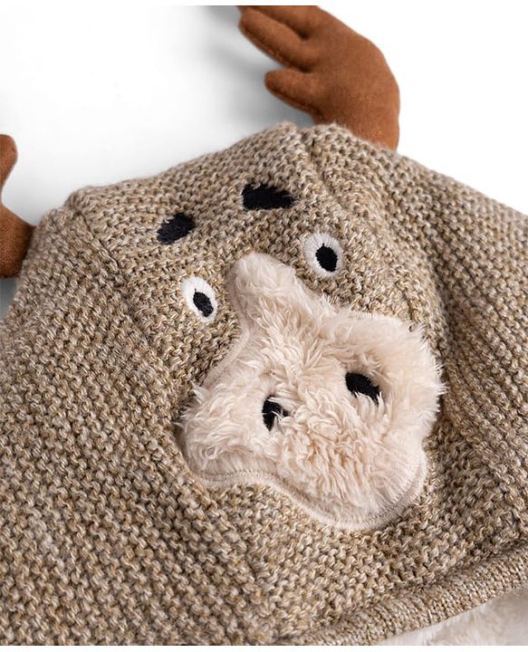 Babyhug Fur- Lined Knit Full Sleeves Front Open Hooded Solid Colour Sweater with Reindeer Face Applique - Tan