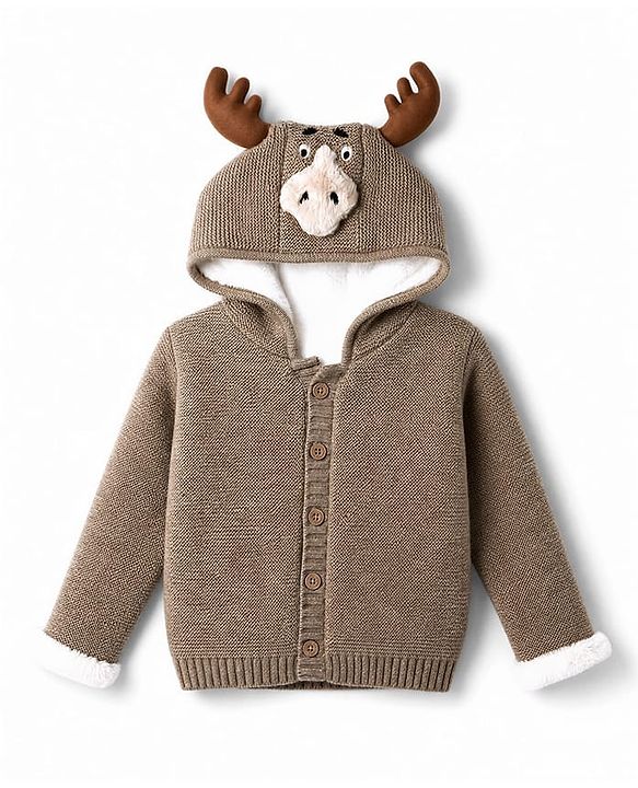 Babyhug Fur- Lined Knit Full Sleeves Front Open Hooded Solid Colour Sweater with Reindeer Face Applique - Tan