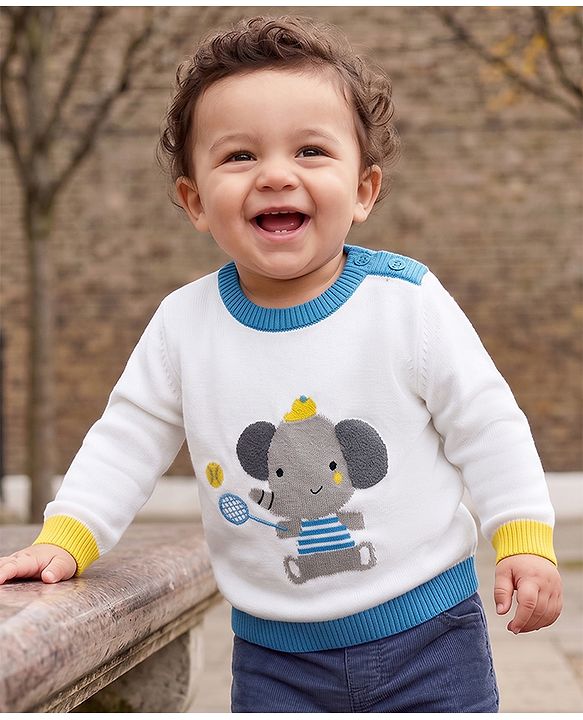 Babyhug 100% Cotton Knit Full Sleeves Pullover with Elephant Design - White & Blue