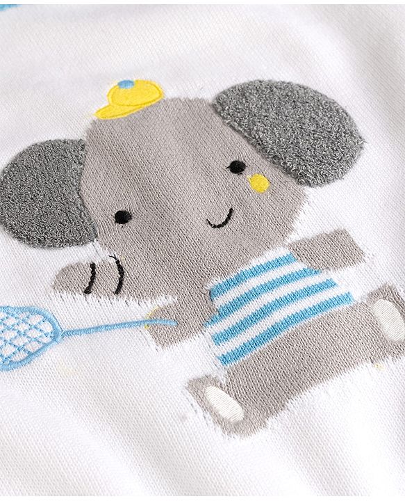 Babyhug 100% Cotton Knit Full Sleeves Pullover with Elephant Design - White & Blue