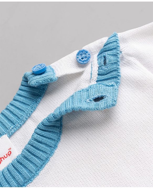 Babyhug 100% Cotton Knit Full Sleeves Pullover with Elephant Design - White & Blue