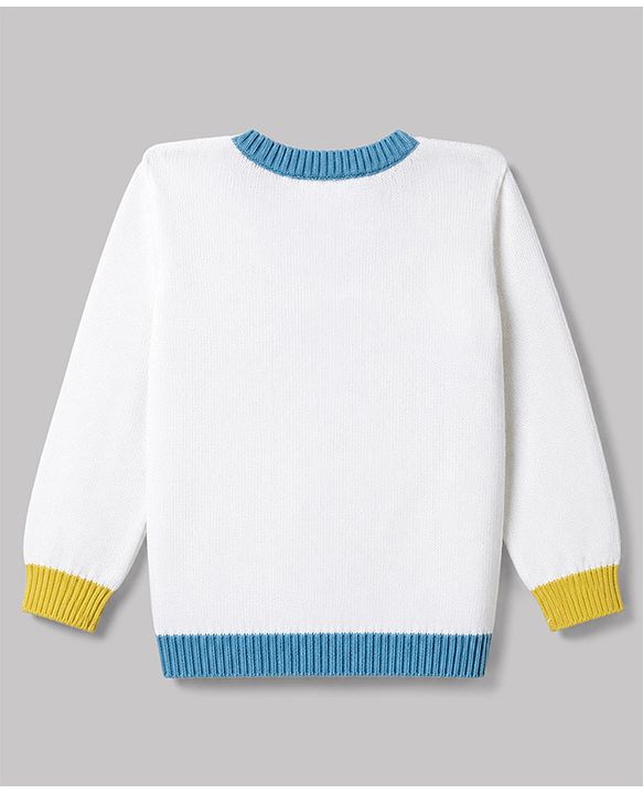Babyhug 100% Cotton Knit Full Sleeves Pullover with Elephant Design - White & Blue