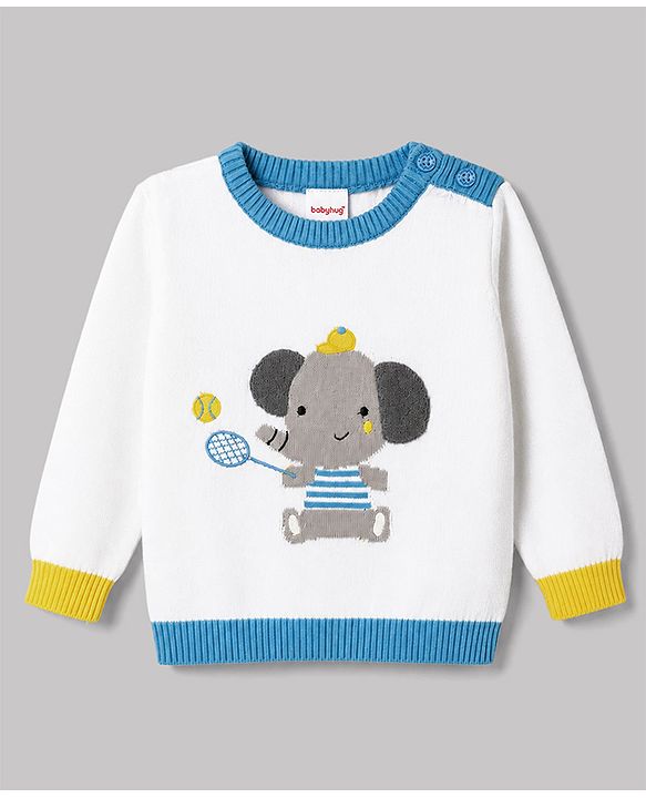 Babyhug 100% Cotton Knit Full Sleeves Pullover with Elephant Design - White & Blue