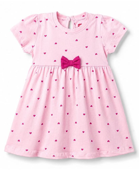 Babyhug Single Jersey Knit Half Sleeves Hearts & Text Printed Frocks With Bow Applique - Pink & Purple