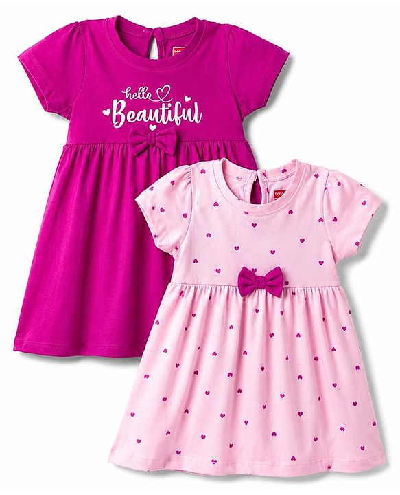 Babyhug Single Jersey Knit Half Sleeves Hearts & Text Printed Frocks With Bow Applique - Pink & Purple
