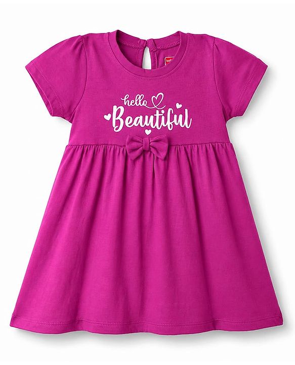 Babyhug Single Jersey Knit Half Sleeves Hearts & Text Printed Frocks With Bow Applique - Pink & Purple
