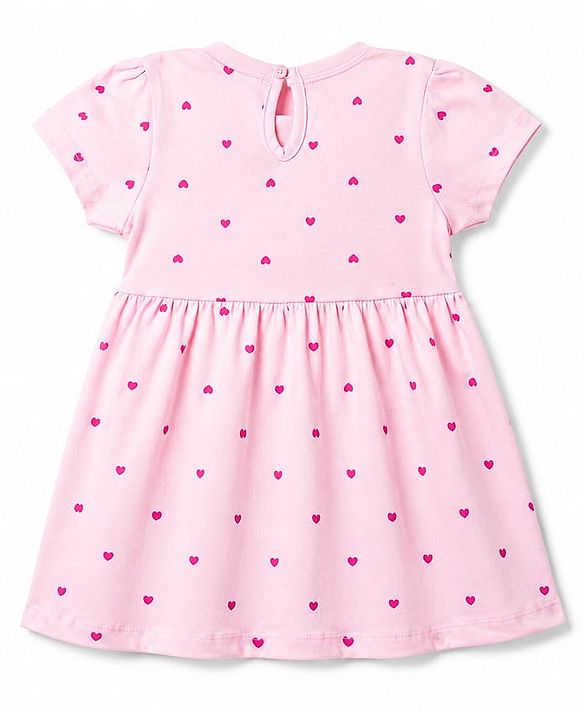 Babyhug Single Jersey Knit Half Sleeves Hearts & Text Printed Frocks With Bow Applique - Pink & Purple