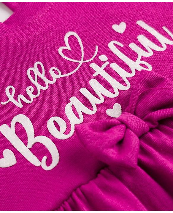 Babyhug Single Jersey Knit Half Sleeves Hearts & Text Printed Frocks With Bow Applique - Pink & Purple