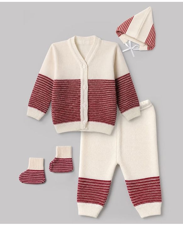 Babyhug Knit Full Sleeves Color Block Design Sweater Set with Cap & Booties - Maroon