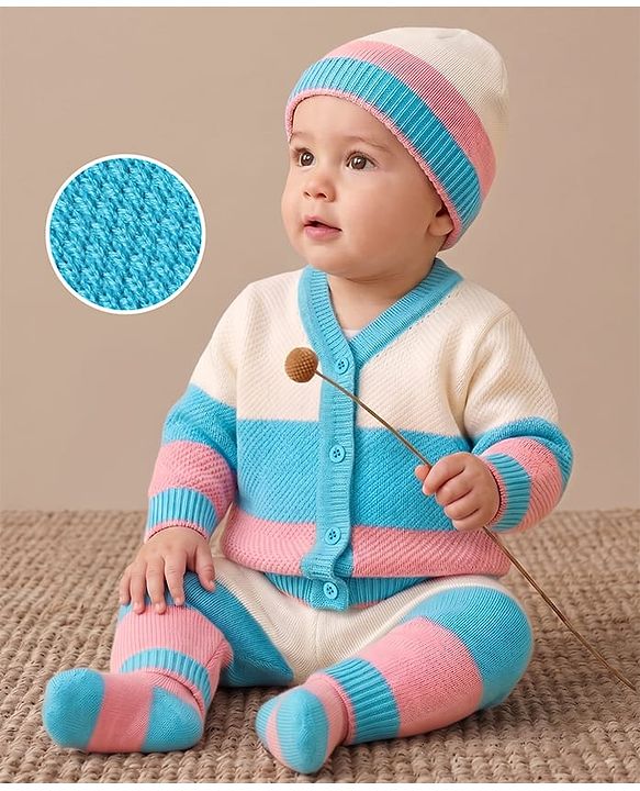 Babyhug Knit Full Sleeves Color Block Sweater Set With Cap & Booties -  White & Blue