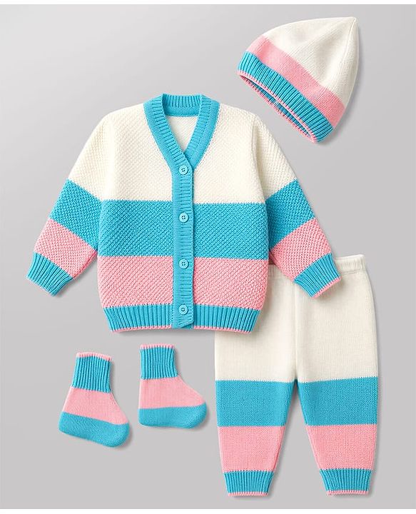 Babyhug Knit Full Sleeves Color Block Sweater Set With Cap & Booties -  White & Blue