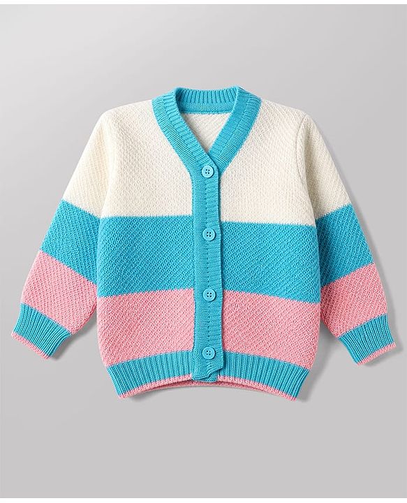 Babyhug Knit Full Sleeves Color Block Sweater Set With Cap & Booties -  White & Blue