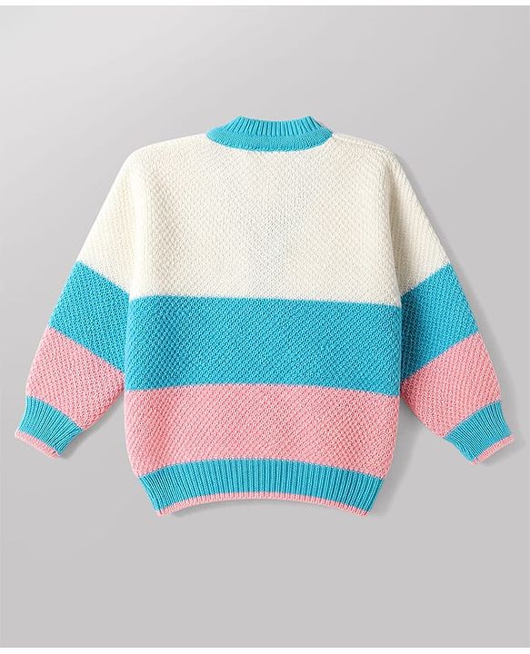 Babyhug Knit Full Sleeves Color Block Sweater Set With Cap & Booties -  White & Blue