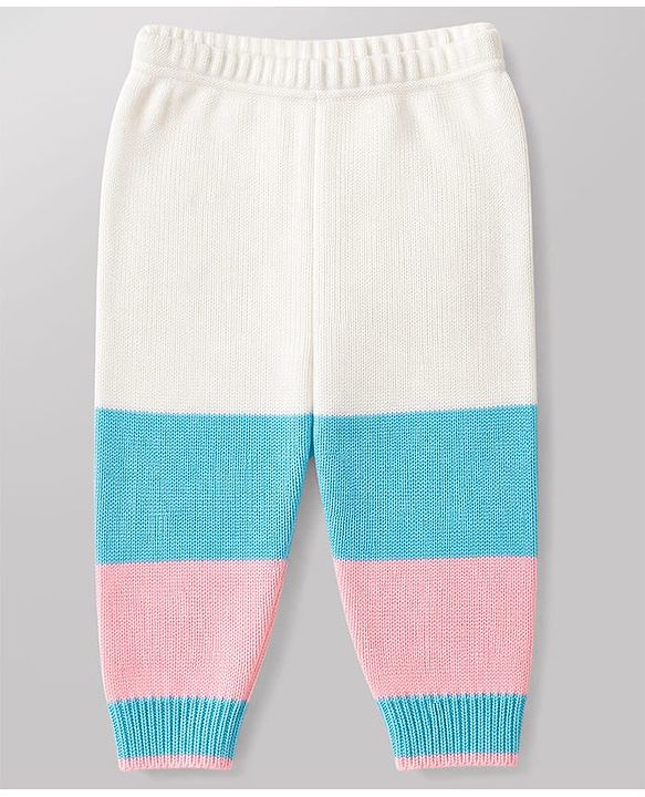 Babyhug Knit Full Sleeves Color Block Sweater Set With Cap & Booties -  White & Blue