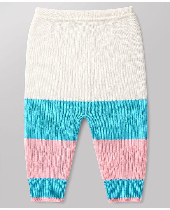 Babyhug Knit Full Sleeves Color Block Sweater Set With Cap & Booties -  White & Blue