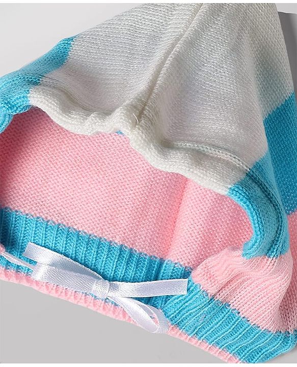 Babyhug Knit Full Sleeves Color Block Sweater Set With Cap & Booties -  White & Blue