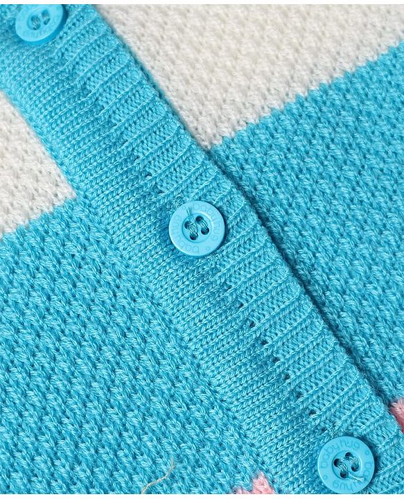 Babyhug Knit Full Sleeves Color Block Sweater Set With Cap & Booties -  White & Blue